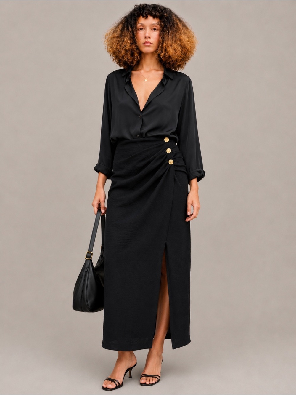 Zara Black Draped Midi Skirt with Gold Buttons Size Large